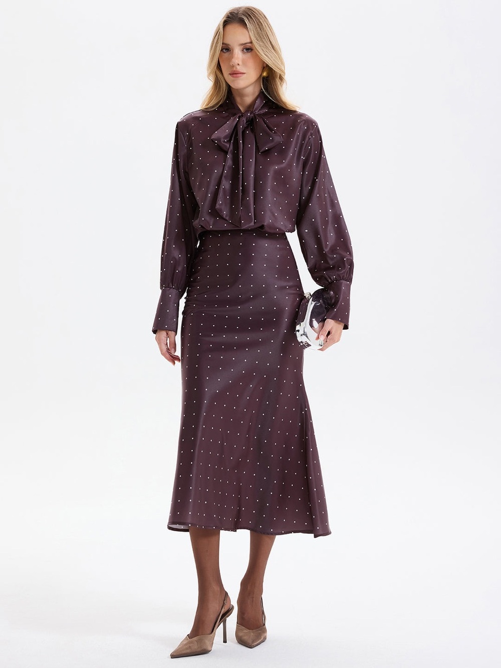 BRAND NEW WITH TAGS Commense Polka Dot Bow-Tie Blouse and Midi Skirt